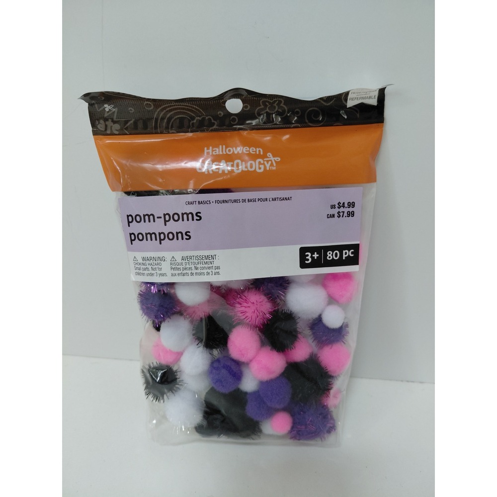 Halloween Creatology Pom-Poms 80 Piece Craft Basics Purple Pink White Black‎ NIP